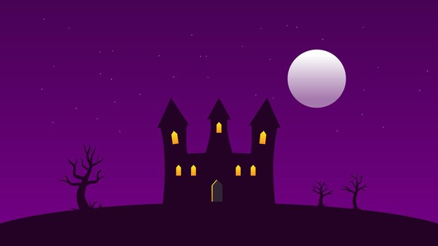 Vetor castelo com janela de iluminação nas colinas com árvores, lua cheia e estrela branca cintilante no céu escuro
