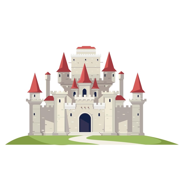 Castelo com telhados vermelhos e torres em colina verde Ilustração vetorial