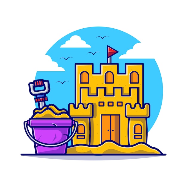 Castelo de areia na ilustração plana dos desenhos animados de praia.