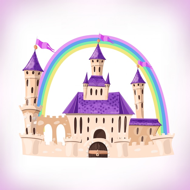 Castelo de conto de fadas. castelo dos desenhos animados. palácio de conto de fadas fantasia com arco-íris. ilustração.