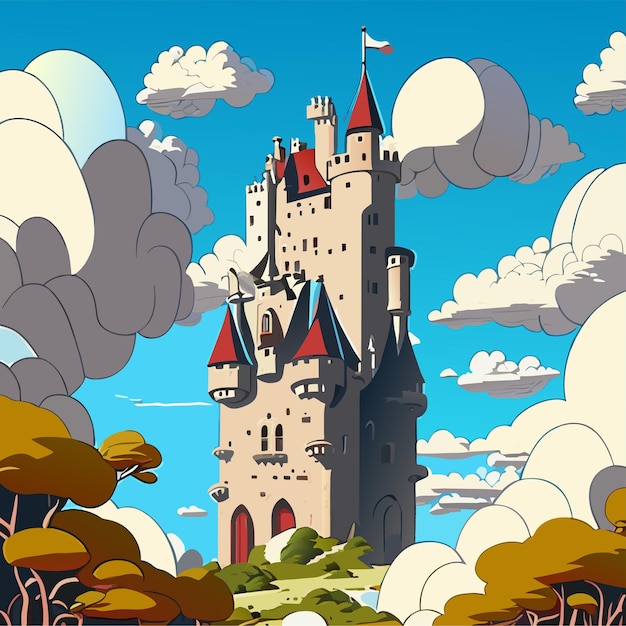 Castelo de conto de fadas desenhado à mão design castelo mágico princesa ou balão de ar do palácio de fadas e vôo