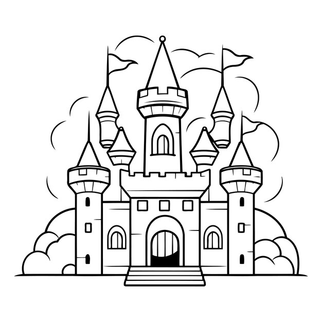 Vetor castelo de conto de fadas ilustração vetorial em preto e branco para livro de colorir