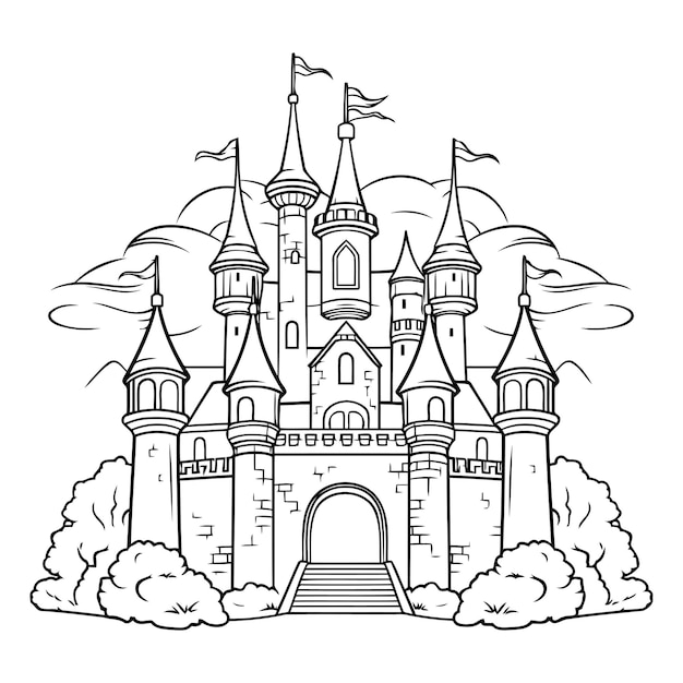 Vetor castelo de conto de fadas ilustração vetorial em preto e branco para livro de colorir