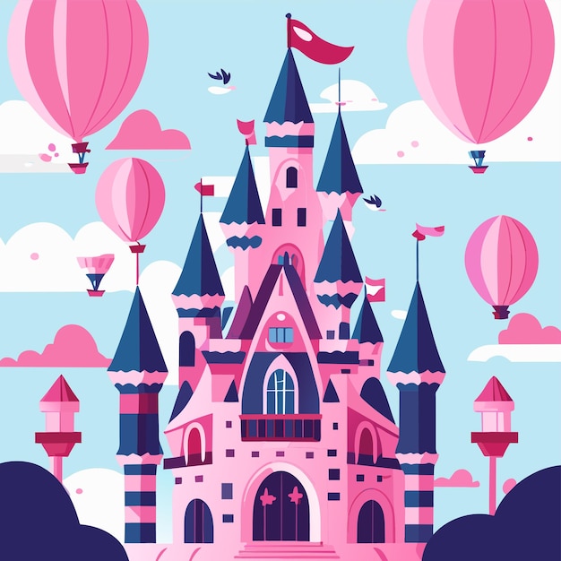 Castelo de conto de fadas rosa design desenhado à mão castelo mágico princesa ou palácio de fadas