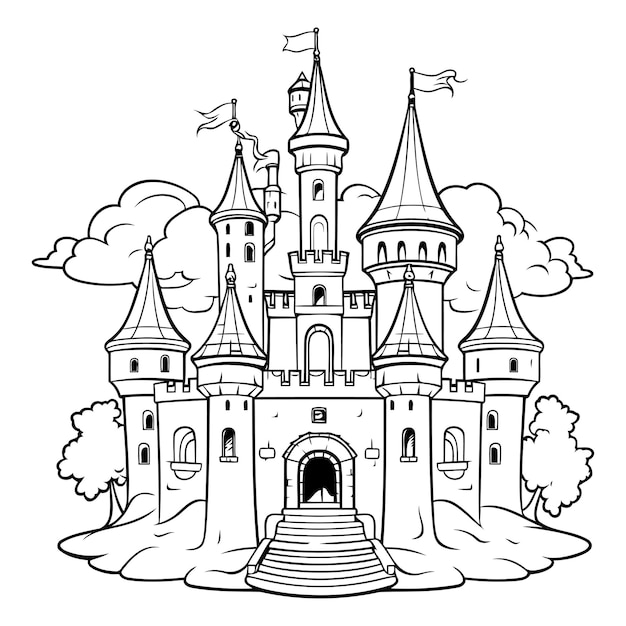 Castelo de contos de fadas castelo de conto de fadas ilustração vetorial em preto e branco