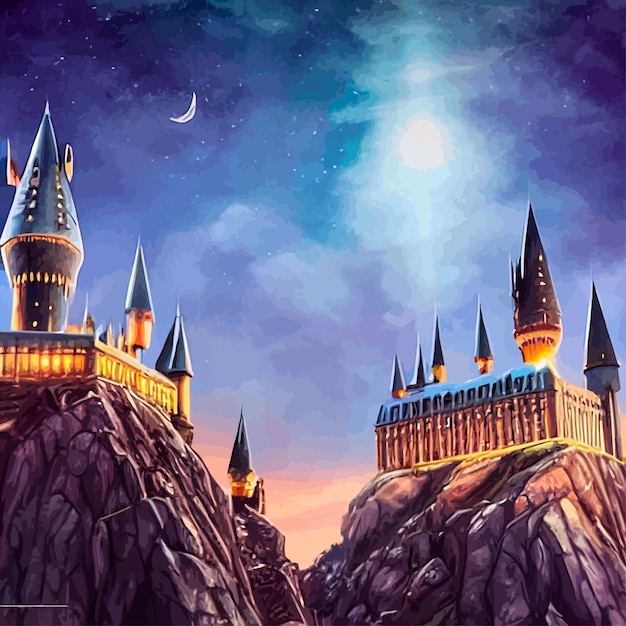 Vetor castelo de desenho animado em uma colina em tempo chuvoso paisagem de um reino de fadas à luz da lua à noite