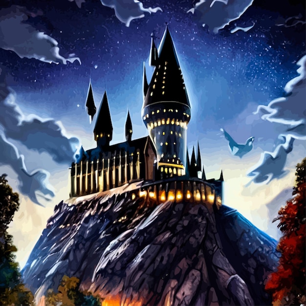 Vetor castelo de desenho animado em uma colina em tempo chuvoso paisagem de um reino de fadas à luz da lua à noite