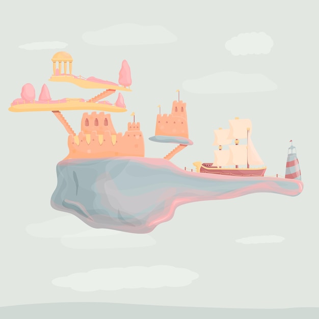 Castelo de ilustração dos desenhos animados nas nuvens com o navio, ilustração vetorial