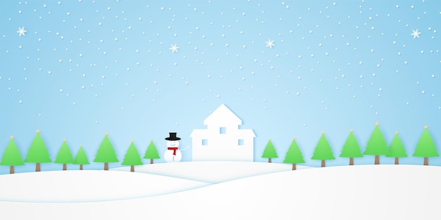 Castelo de paisagem com árvores de boneco de neve com estrelas e neve caindo na colina branca de inverno