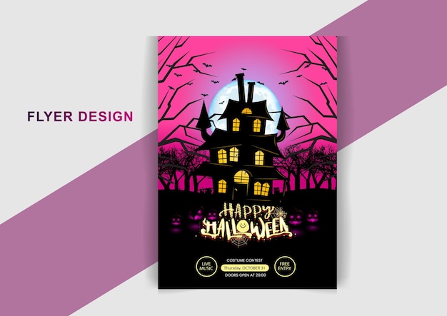 Castelo de panfleto de festa de halloween desenhado à mão no modelo de design de cartaz de lua brilhante