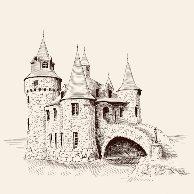 Vetor castelo de pedra medieval com torres à beira-mar e uma ponte.
