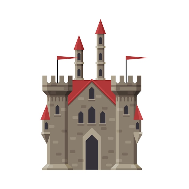Castelo de pedra medieval fortaleza de conto de fadas com torres vermelhas antigo palácio fortificado ilustração vetorial