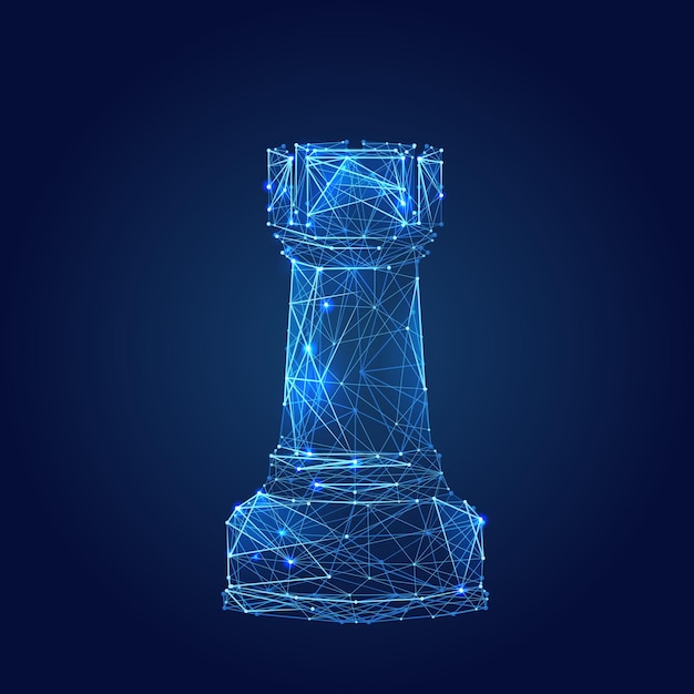 Castelo de xadrez com polígonos linhas e malha digital low poly wireframe azul rook