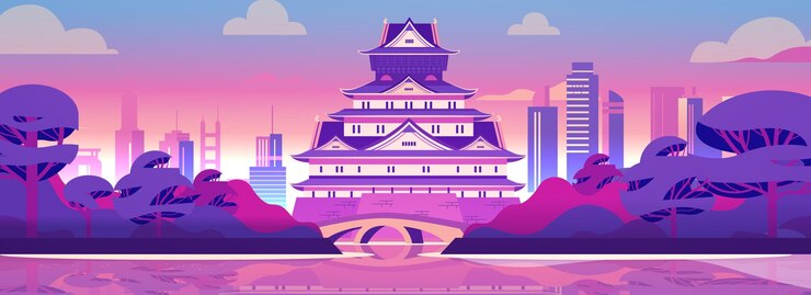 Vetor castelo japonês com o horizonte da cidade moderna, árvores de fundo e reflexo do rio ao pôr-do-sol