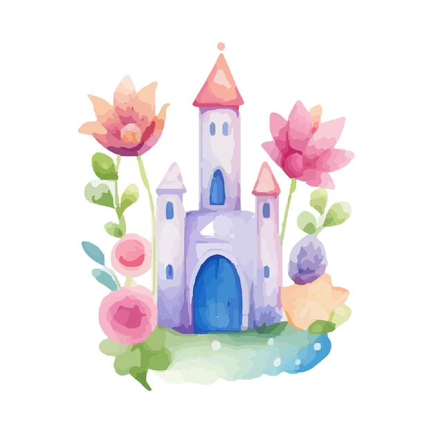 Castelo mágico da princesa castelo de desenhos animados clipart ilustração infantil castelo com ilustrações florais