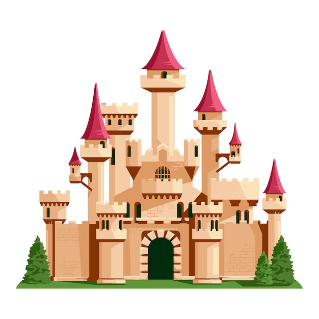 Castelo medieval de fantasia com torres vermelhas em fundo branco Ilustração vetorial