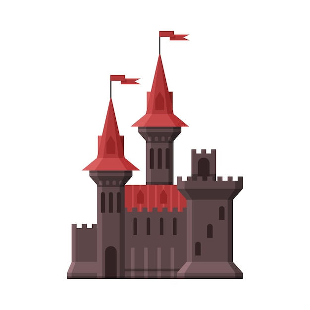 Castelo medieval fortaleza de pedra com bandeiras vermelhas antigo palácio fortificado ilustração vetorial exterior