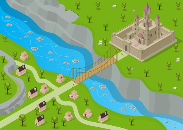 Castelo medieval isométrico rodeado por uma fortaleza com um rio, ponte e uma vila em frente a ela.