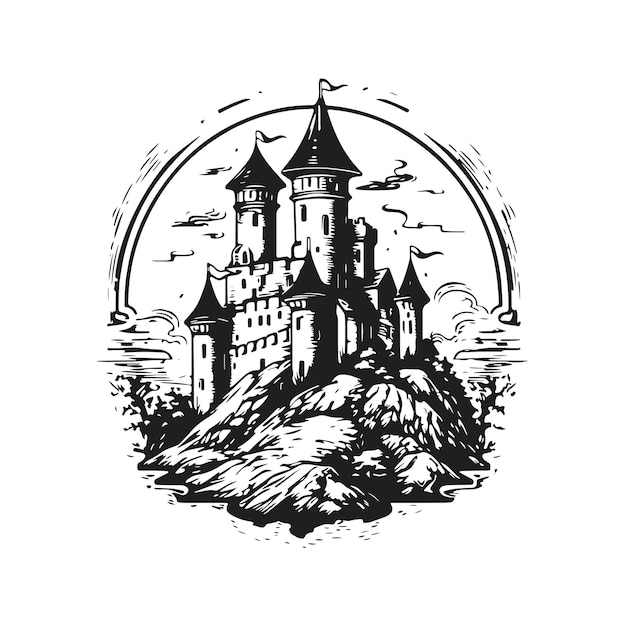 Vetor castelo medieval, logotipo vintage, conceito de arte de linha, cor preto e branco, ilustração desenhada à mão