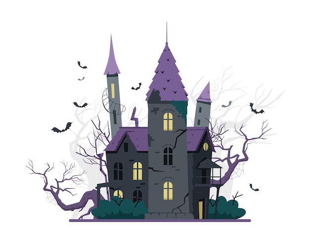 Castelo velho assustador com morcegos voando ao redor da ilustração vetorial de halloween