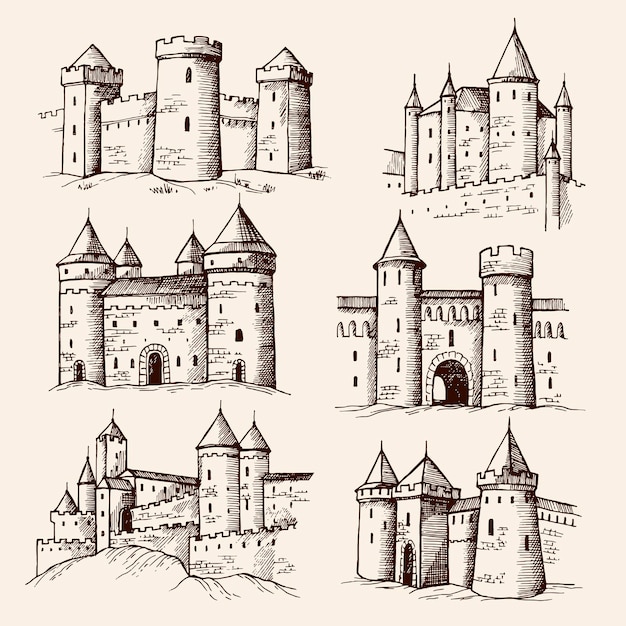 Vetor castelos medievais desenho de torres de edifícios antigos objetos arquitetônicos góticos castelos antigos ilustrações vetoriais recentes