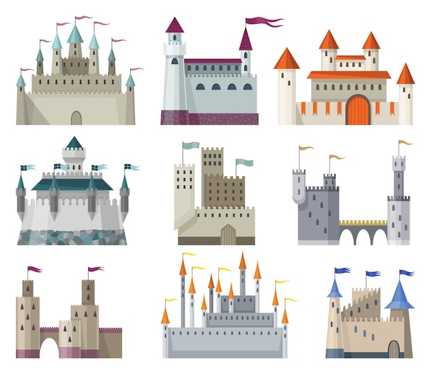 Castelos medievais do reino Construções de contos de fadas do período histórico da idade média Design exterior do edifício vetorial Fortaleza real