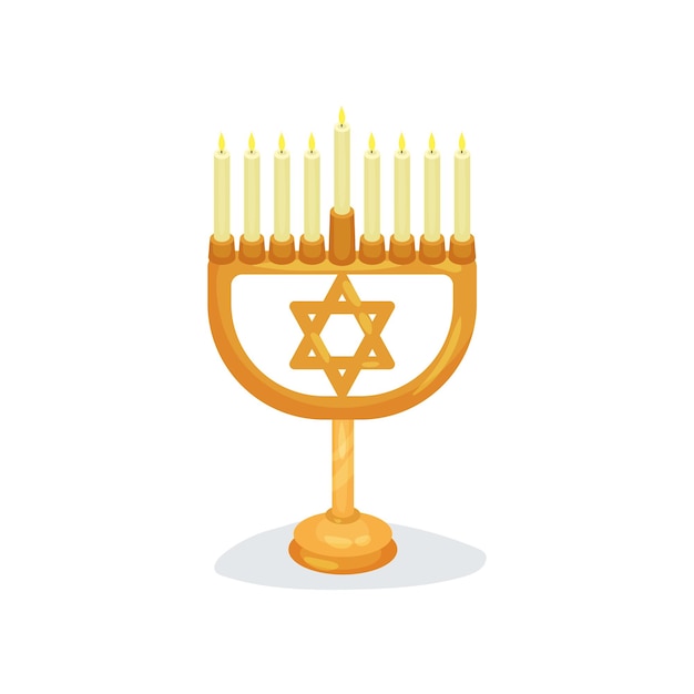 Castiçal com nove velas acesas e estrela de david religião judaica golden hanukkah menorah símbolo religioso ícone de vetor plano