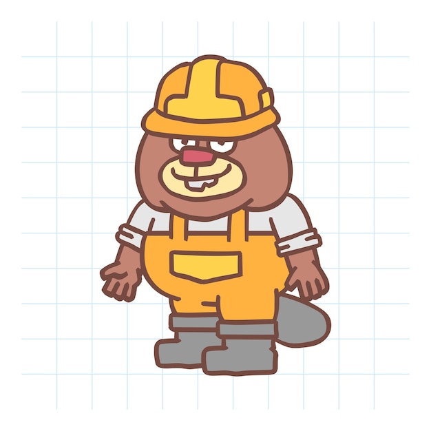 Vetor castor construtor em pé de capacete e sorrindo. personagem desenhada de mão. ilustração vetorial