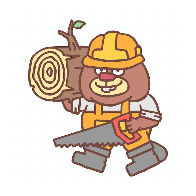 Castor construtor segurando serra segurando troncos de madeira e caminhadas. personagem desenhada de mão. ilustração vetorial