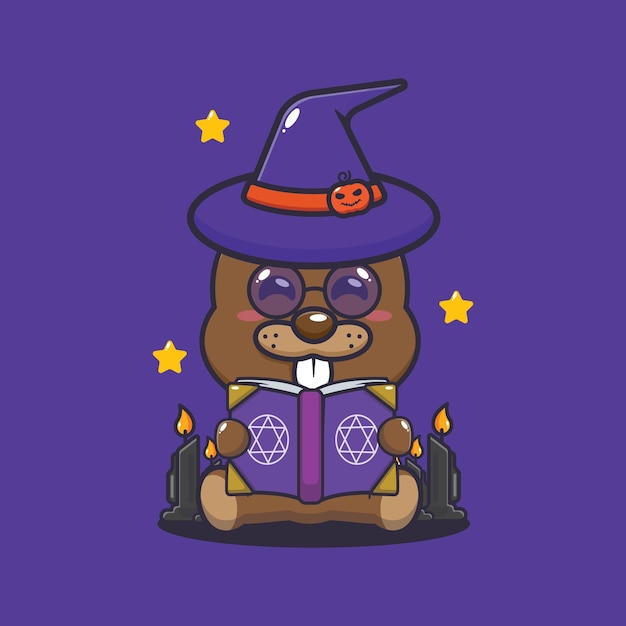 Castor de bruxa bonito lendo livro de feitiços. ilustração bonito dos desenhos animados de halloween.