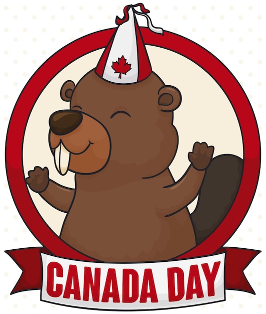 Vetor castor feliz com chapéu de festa e fita para o dia do canadá em estilo cartoon