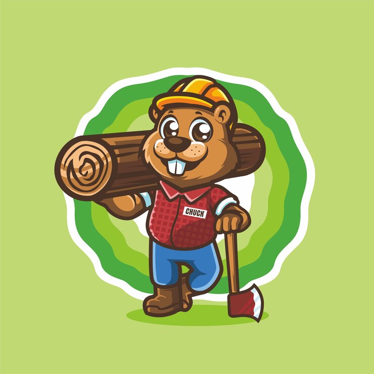 Castor marmota lenhador em pé segurando a madeira e o vetor do mascote do personagem de desenho animado machado