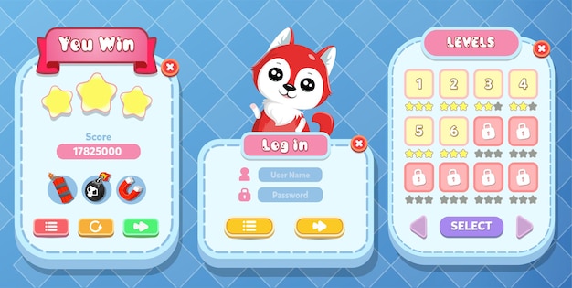 Vetor casual cartoon kids game ui level complete, log in e menu de seleção de nível pop-up com estrelas, botões e gato