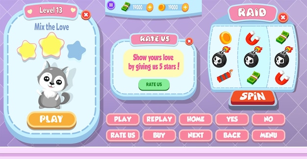 Casual cartoon kids game ui level complete, spin machine e rate us menu pop up com estrelas, botões e gato