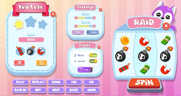 Casual cartoon kids game ui you lose, settings, pause e spin machine menu pop up com estrelas, botões e gato