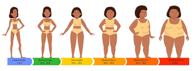 Vetor categorias com índice de massa corporal silhuetas femininas de uma mulher afro-americana com gordura normal e
