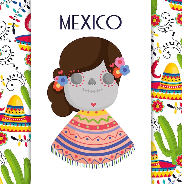 Catrina com poncho chapéu cacto flores méxico evento tradicional decoração cartão vector cartão