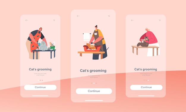 Cats grooming mobile app página modelo de tela a bordo cabeleireiros personagens cuidados com gatos pente lã corte garras lavagem