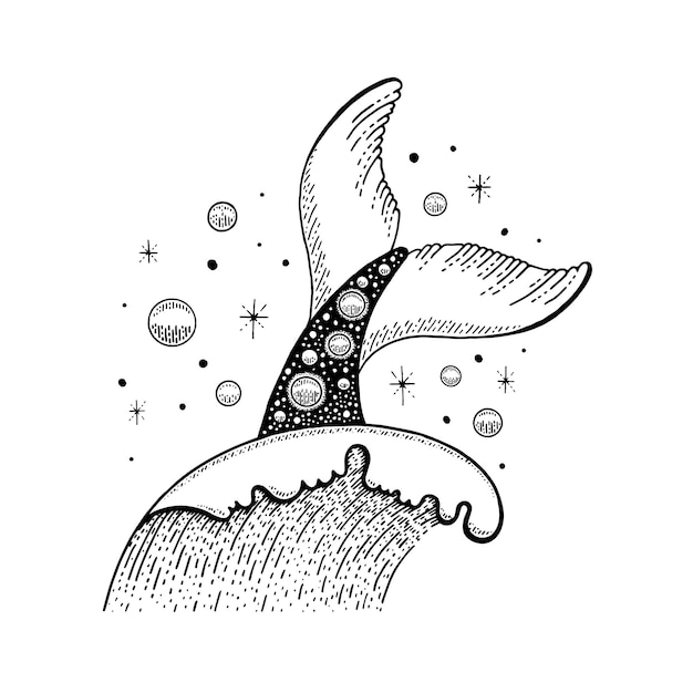 Cauda de baleia vetor tatuagem de onda do mar cauda de golfinho de peixe sereia na ilustração de ondas do mar