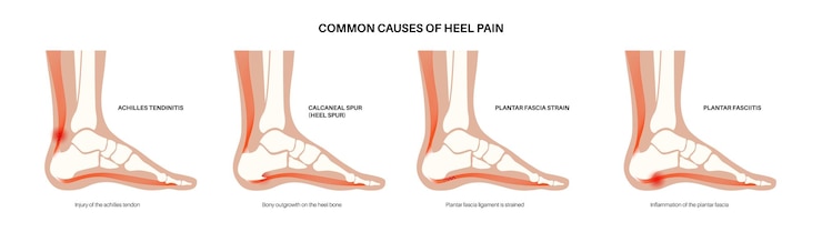 Vetor causa comum de dor no calcanhar doenças do tornozelo e do pé diagrama de tipos esporão calcâneo tendinite de aquiles tratamento da fascia plantar tensão da fasciite osso do tornozello e ligamento ilustração vetorial médica