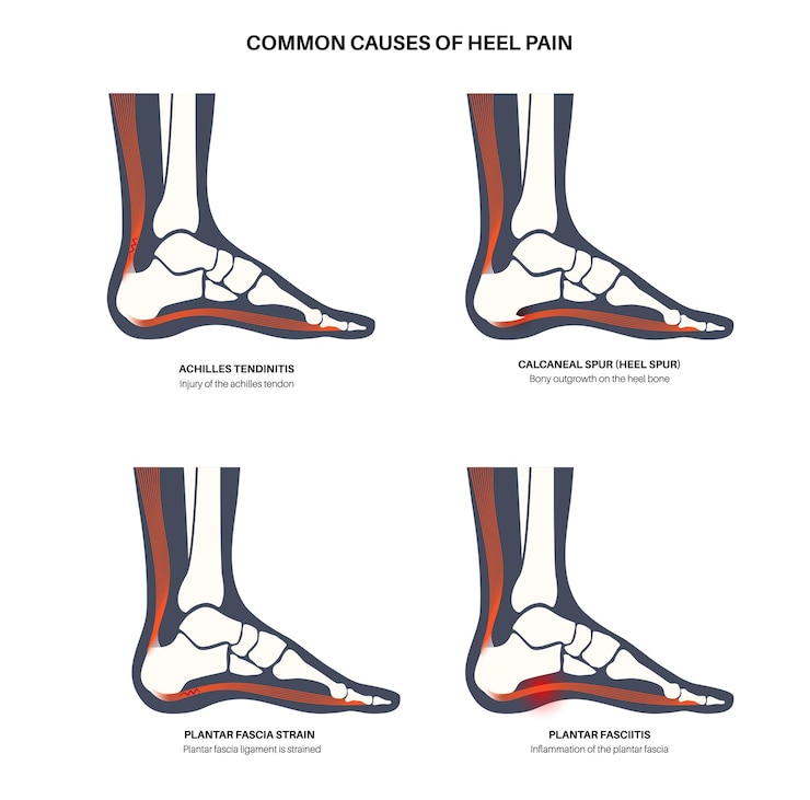 Vetor causa comum de dor no calcanhar doenças do tornozelo e do pé diagrama de tipos esporão calcâneo tendinite de aquiles tratamento da fascia plantar tensão da fasciite osso do tornozello e ligamento ilustração vetorial médica