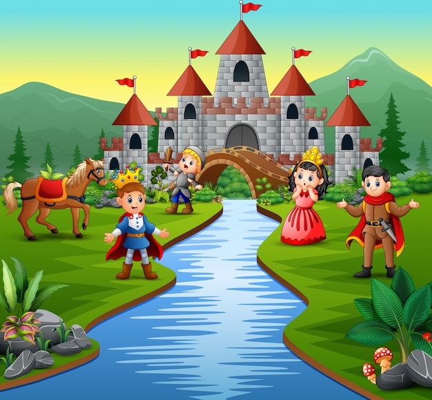 Cavaleiro com princesa e príncipe em uma paisagem do castelo