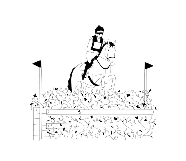 eventos equestres. ilustração de um cavalo com um cavaleiro pulando a  barreira das cabanas de madeira. um cavaleiro em um cavalo salta sobre um  obstáculo contra uma ilustração vetorial plana de nuvem