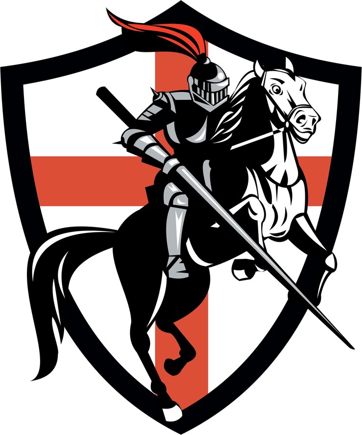 Vetor cavaleiro inglês andando a cavalo bandeira da inglaterra retrô