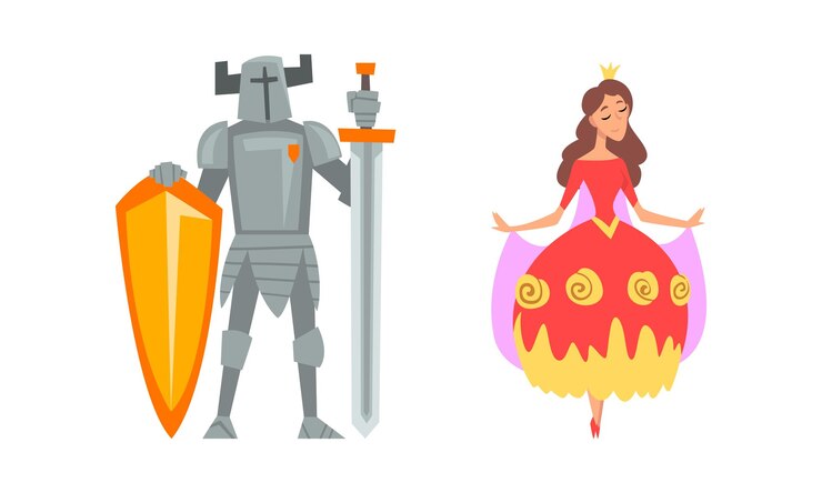 Vetor cavaleiro medieval com espada e escudo e princesa com coroa de ouro em sua cabeça