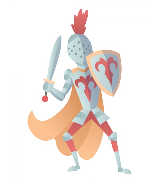 Cavaleiro medieval na ilustração plana de armadura completa. a caricatura cômica. cavaleiro engraçado dos desenhos animados.