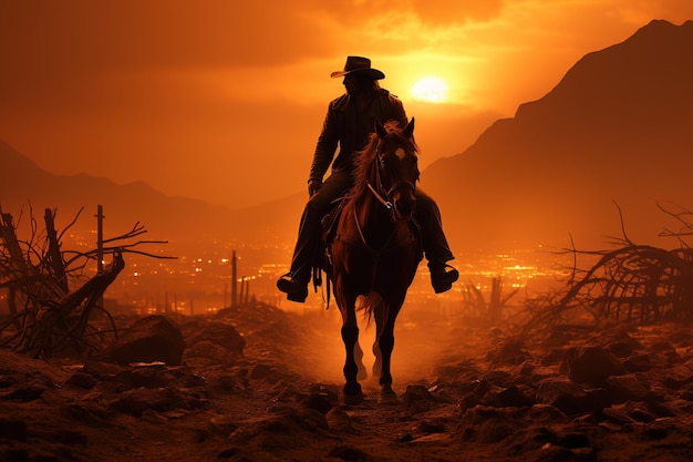 Cavaleiro sentado em um cavalo em frente a um lindo fundo do pôr do sol com pôster vetorial de cânions