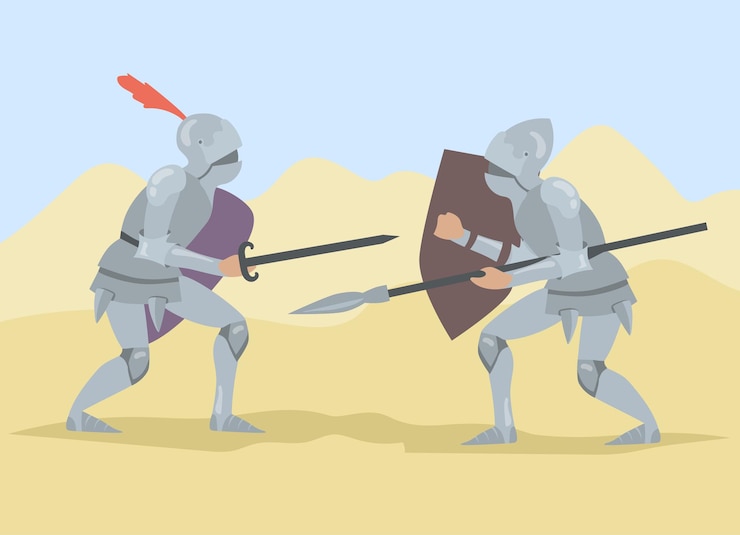 Vetor cavaleiros lutando com espada e lança, segurando escudos
