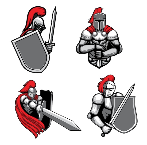 Cavaleiros medievais com mascotes de espada e escudo.