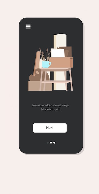 Vetor cavalete escovas de lona oficina criativa estúdio de arte profissional tela smartphone aplicação móvel vertical